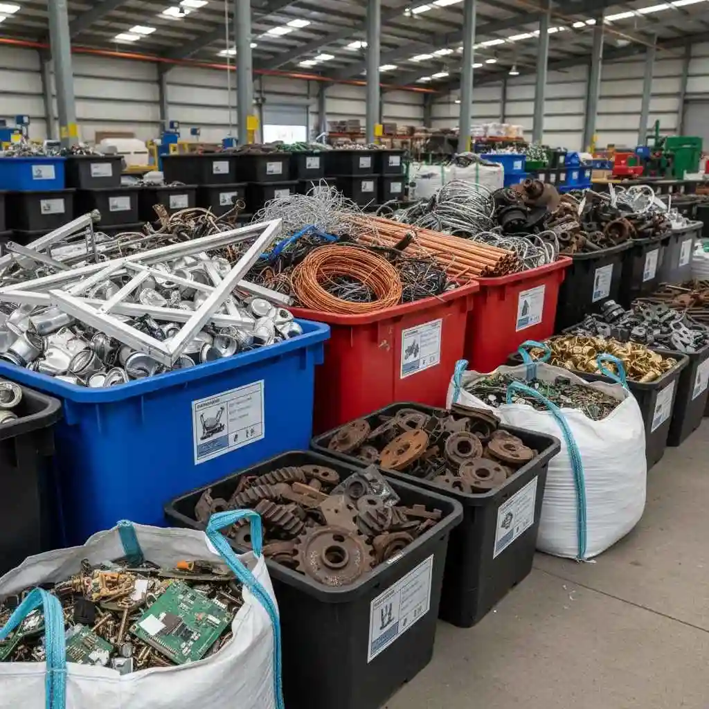 Assorted scrap metal sorted into organized bins.