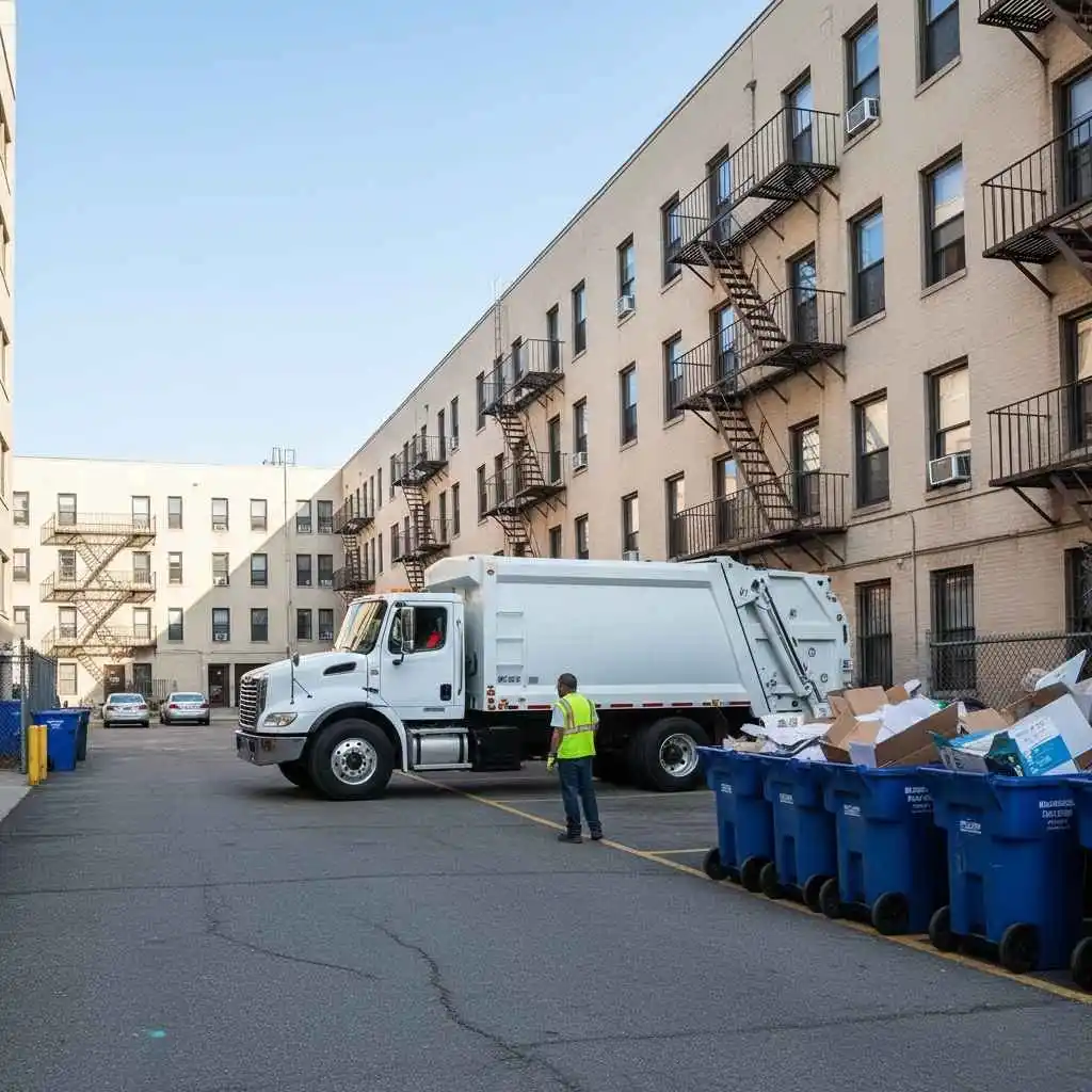 Recycling truck backing up to an apartment loading area