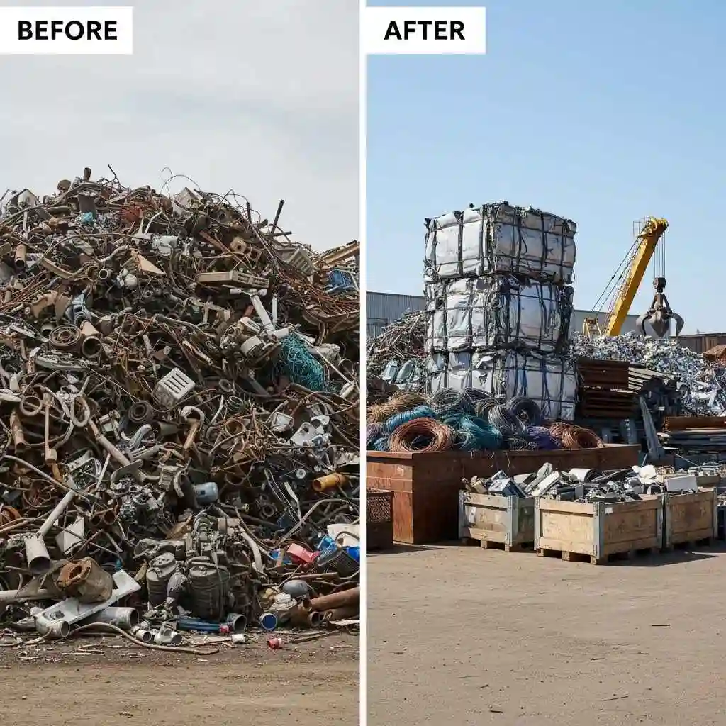 Before-and-after photo of sorted vs unsorted scrap piles