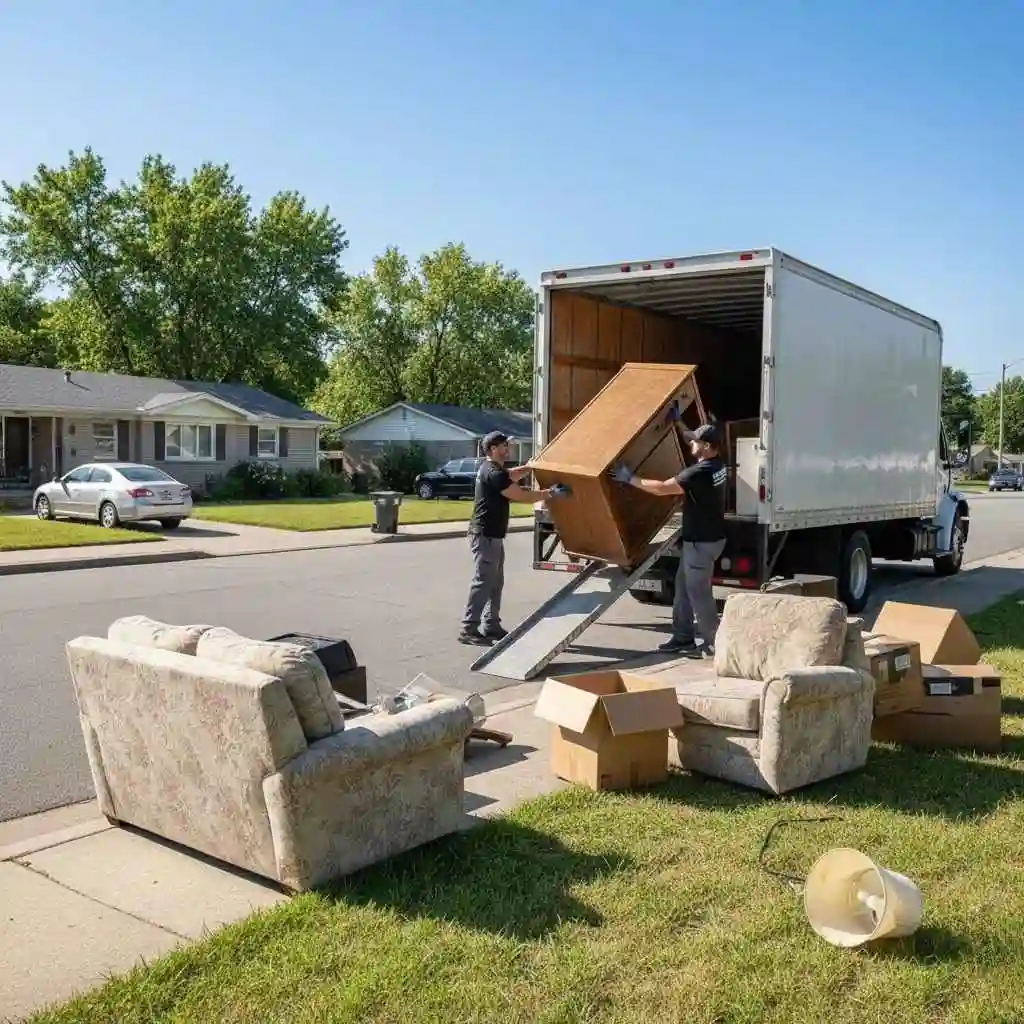 Professional junk removal crew loading old furniture into a truck