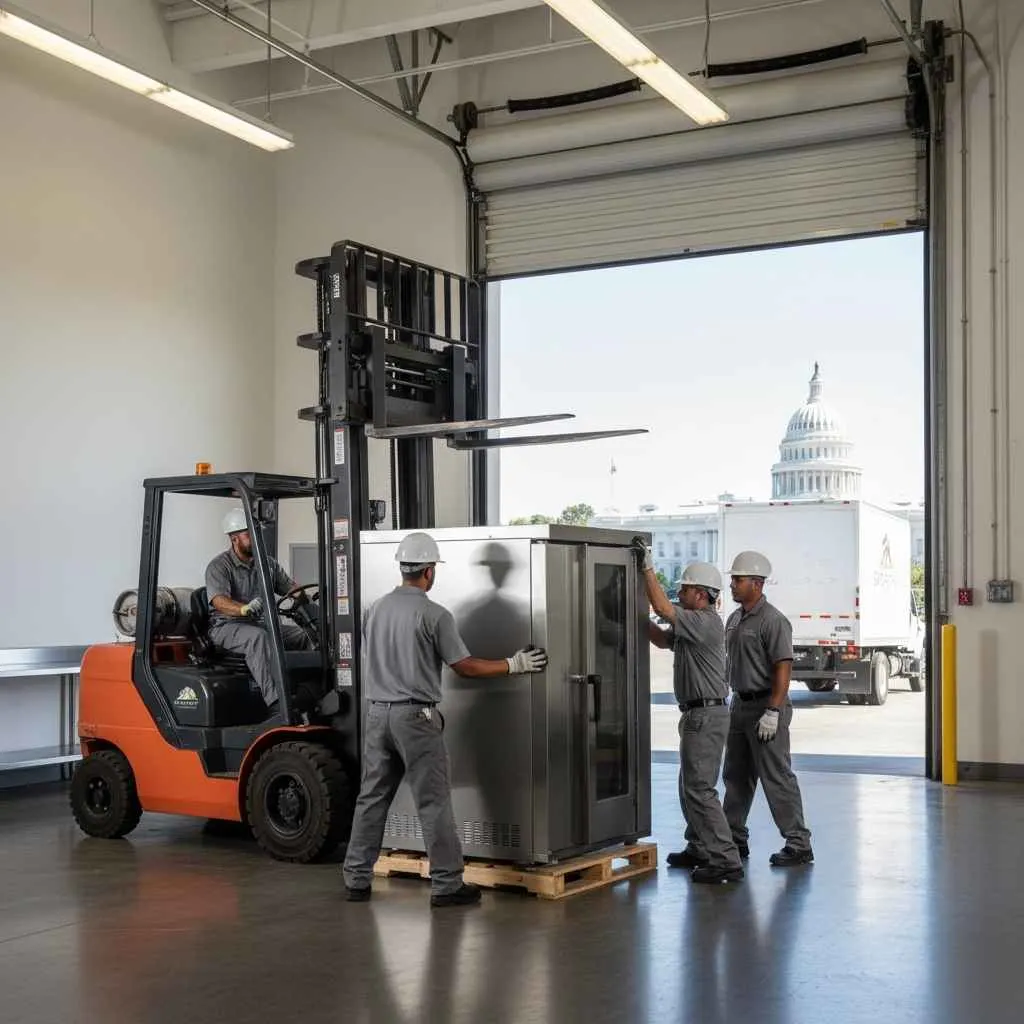 Sacramento team using forklift to remove large commercial oven