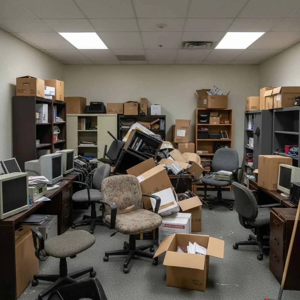 Back office area filled with old furniture and boxes