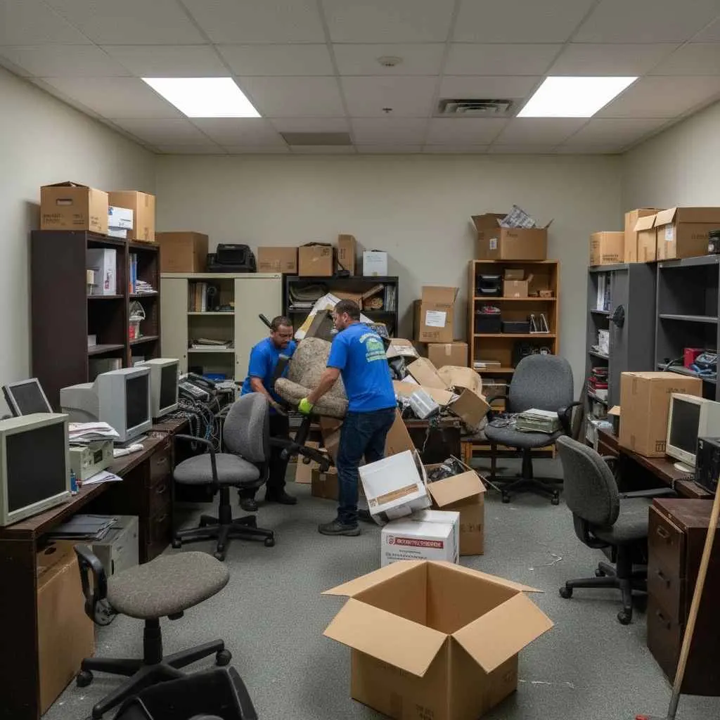 Junk removal crew loading office furniture