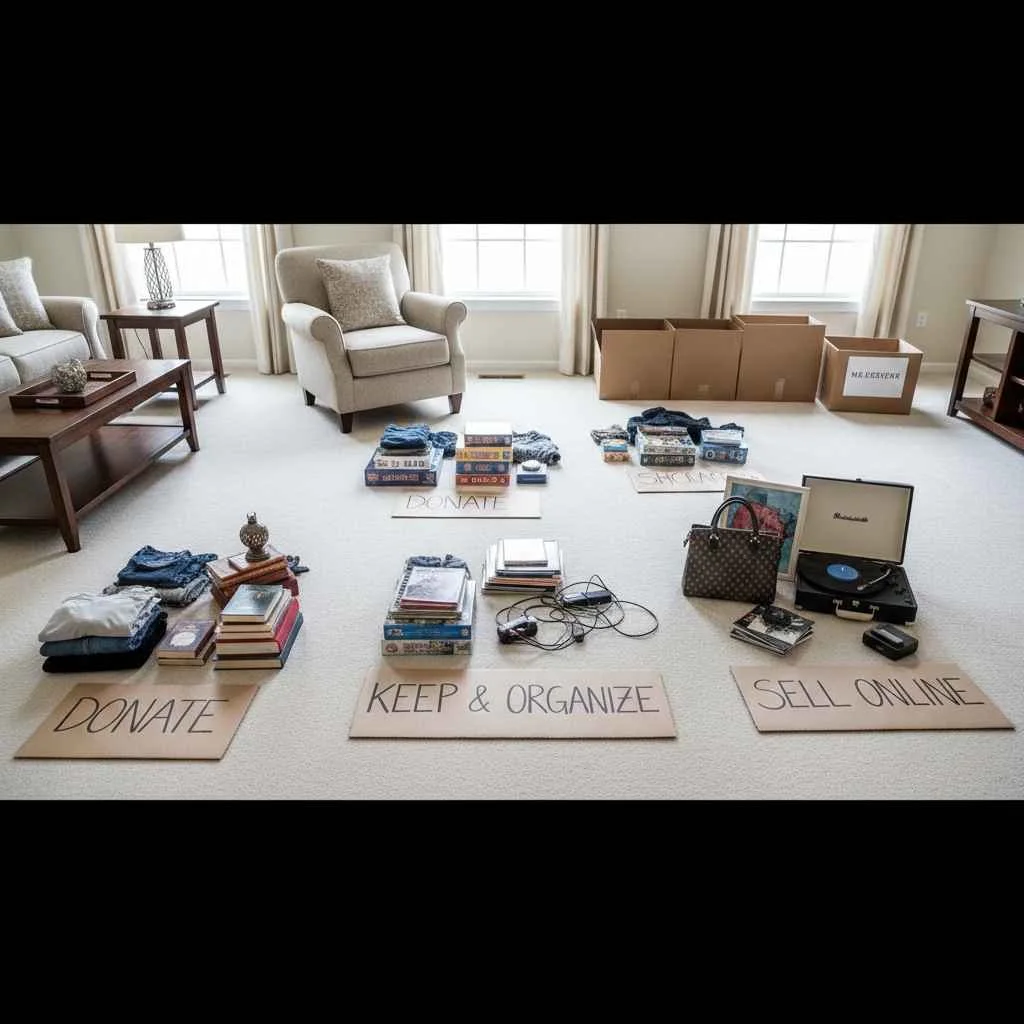 organized sorting piles in living room