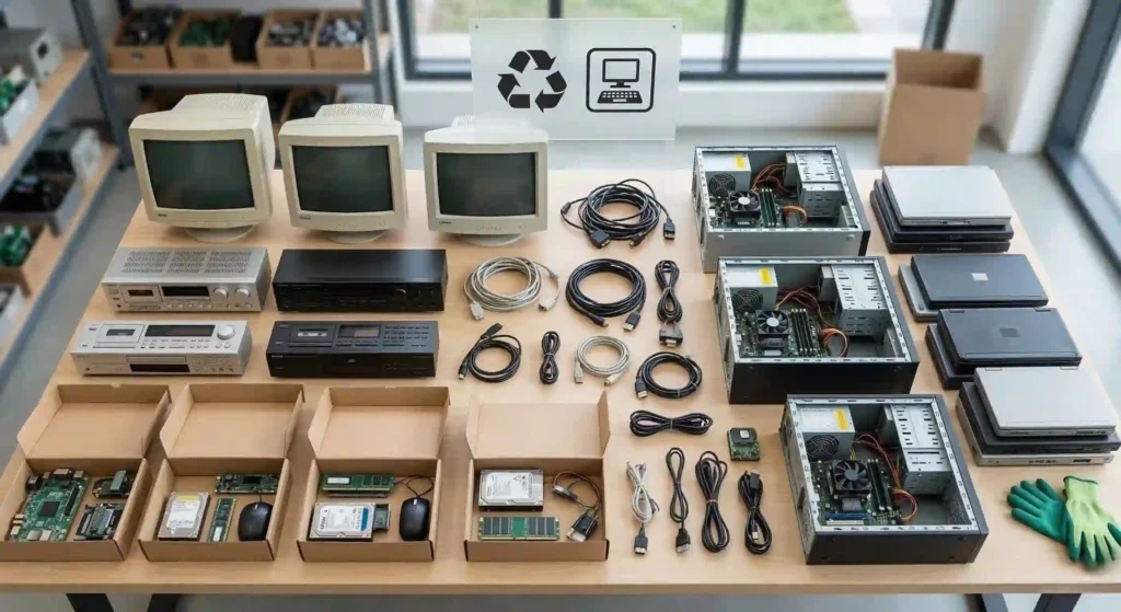 assorted electronic devices arranged on a clean table.
