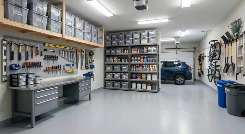 clean garage with organized storage space.