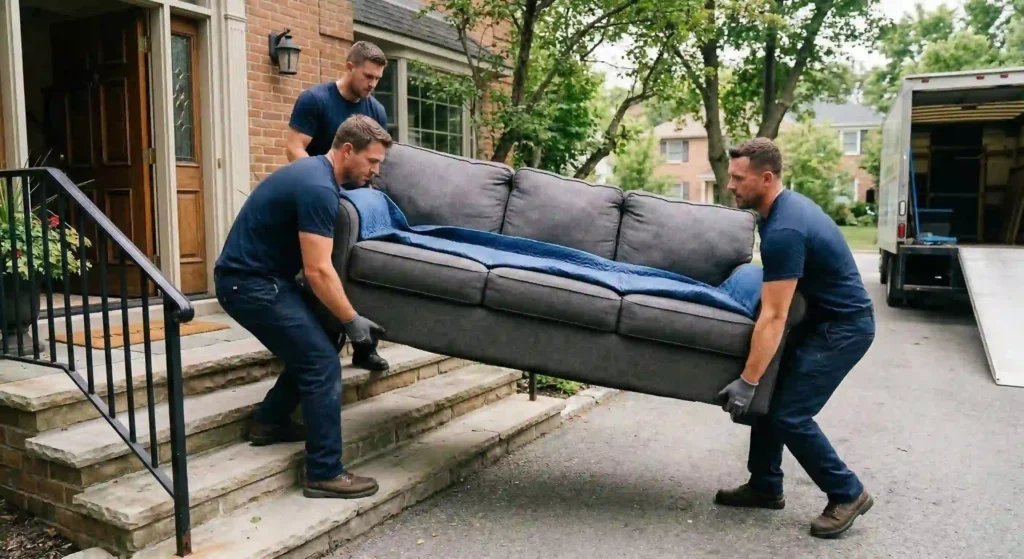 furniture removal team lifting sofa