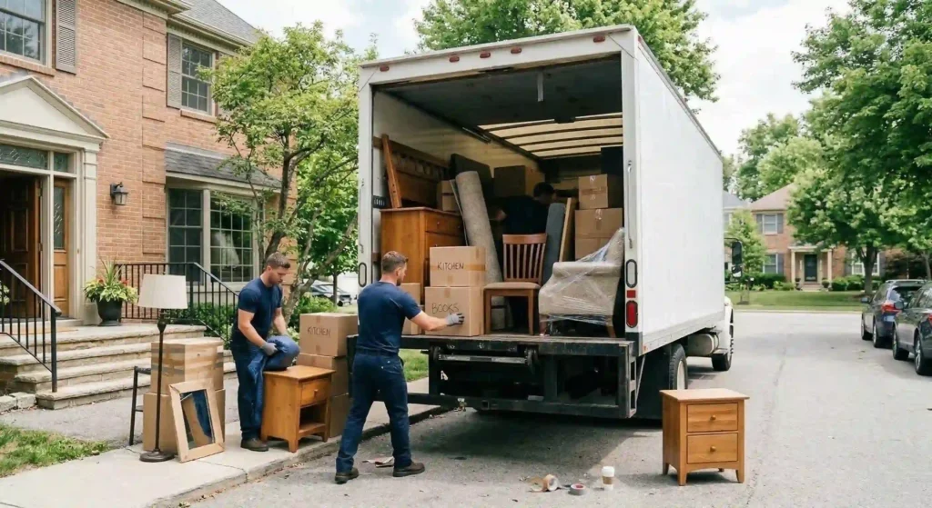 hauling truck loaded with furniture
