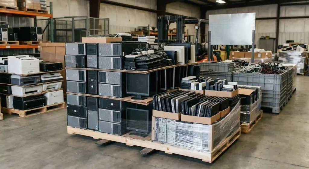 neatly stacked electronics ready for recycling.