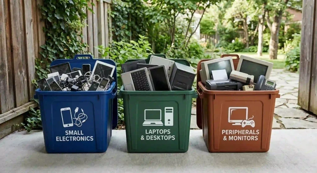 organized recyclable materials separated into bins.