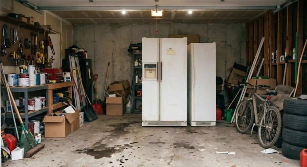 old refrigerator in garage before removal