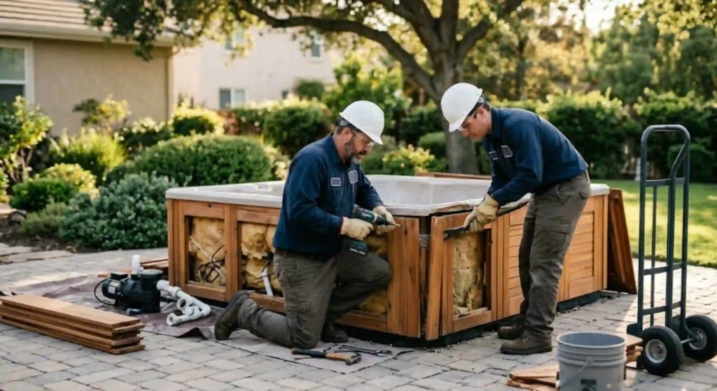 professionals safely dismantling a hot tub
