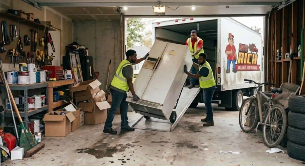 team lifting and loading appliance into truck