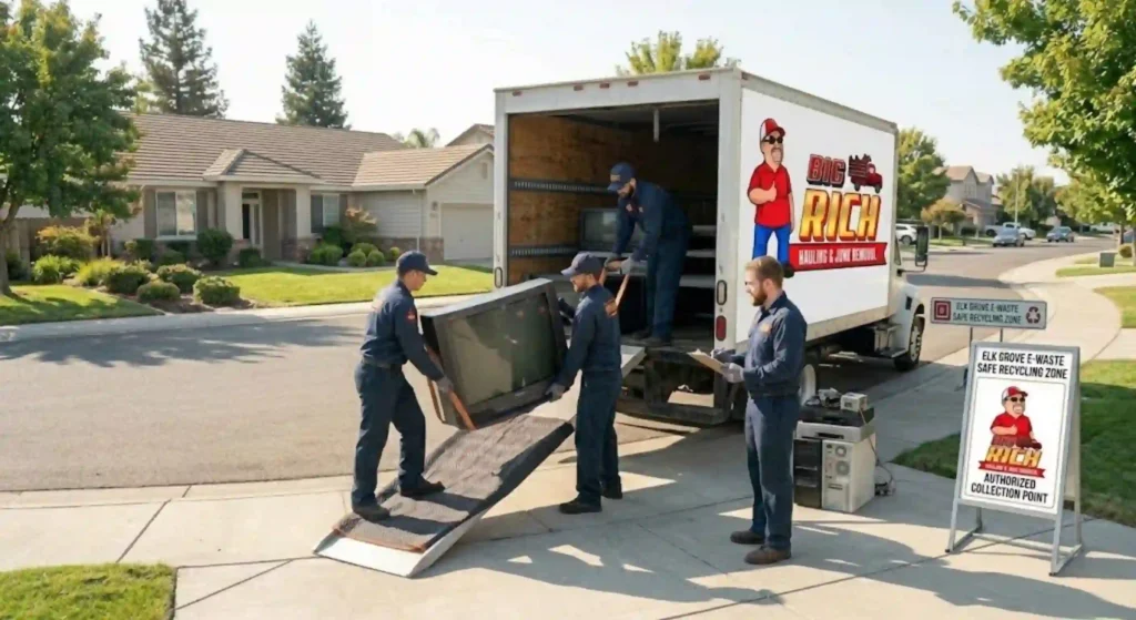 Hauling crew safely loading heavy TV for disposal in Elk Grove