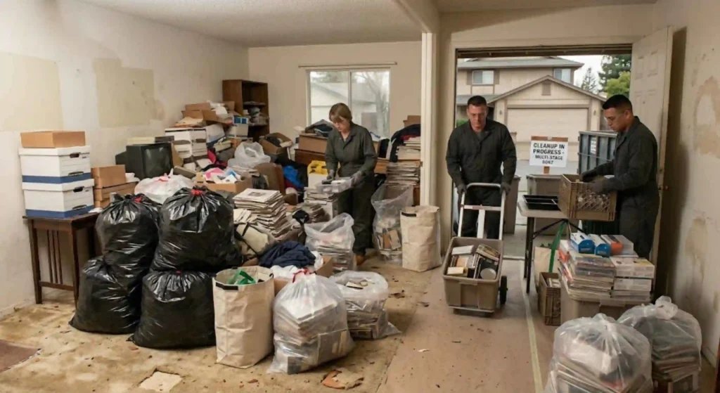 Cluttered room being cleared during hoarder cleanup project