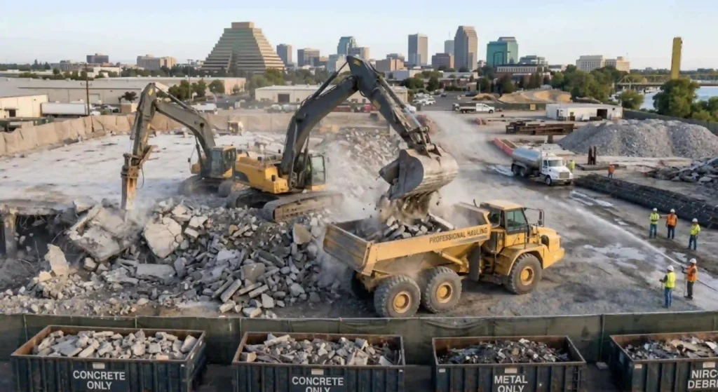Heavy concrete and construction debris being loaded for removal in Sacramento