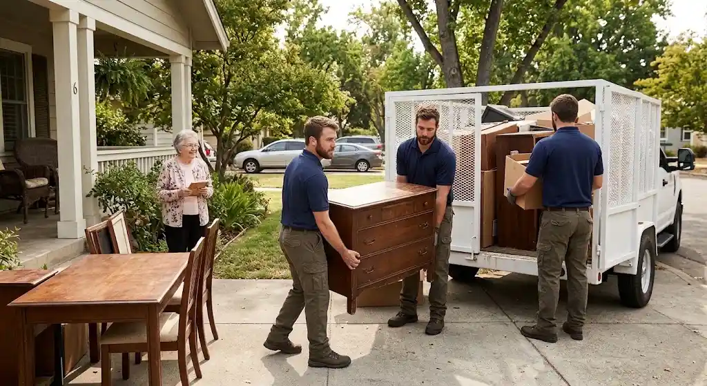 Professional Sacramento junk haulers carrying furniture from a residential cleanout